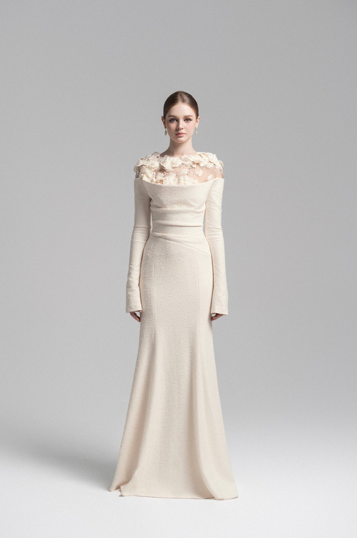 Celestia Draped Crystal Midi Dress in Cream