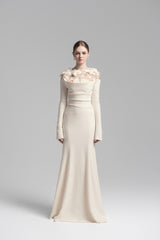 Celestia Draped Crystal Midi Dress in Cream