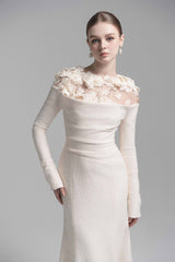 Celestia Draped Crystal Midi Dress in Cream