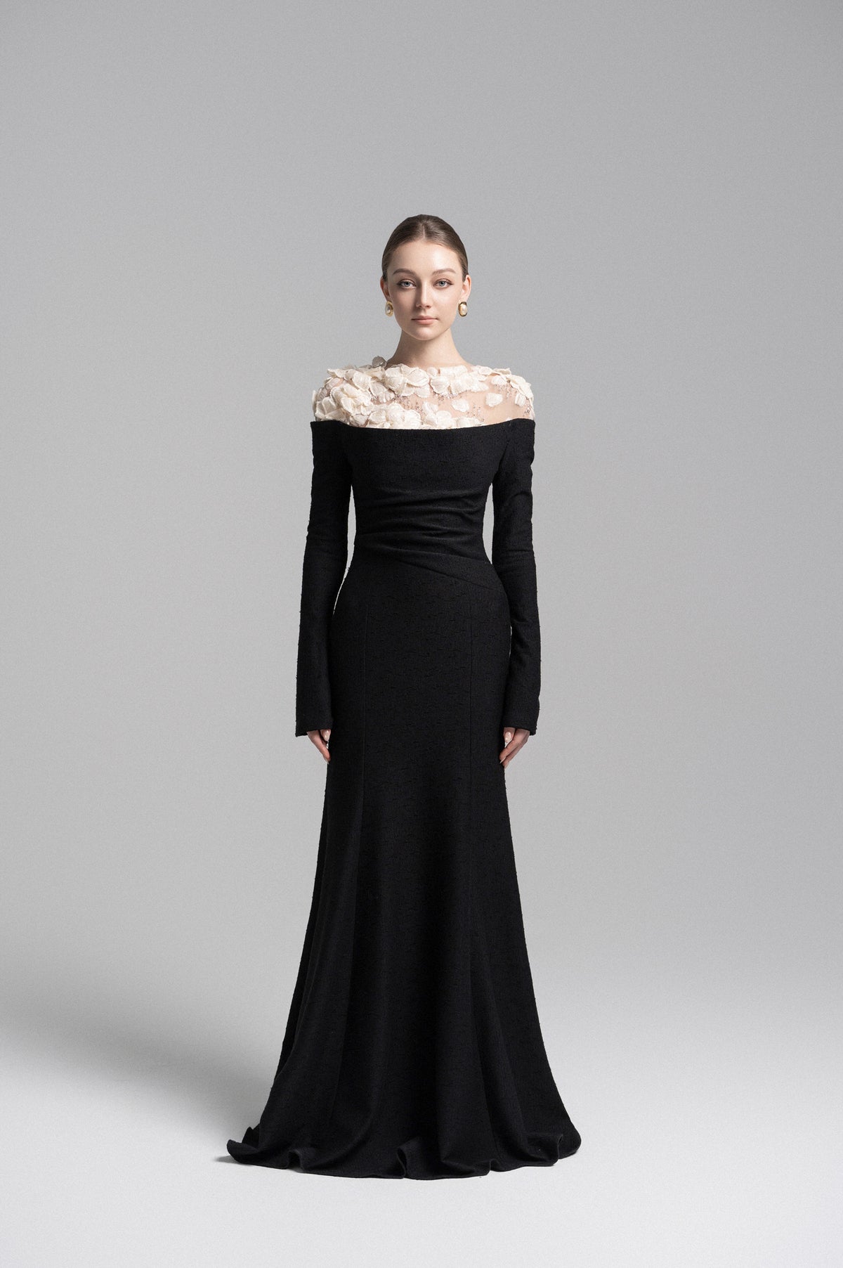 Celestia Draped Crystal Midi Dress in Black