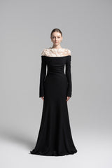 Celestia Draped Crystal Midi Dress in Black