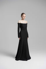 Celestia Draped Crystal Midi Dress in Black