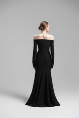 Celestia Draped Crystal Midi Dress in Black
