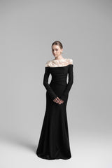 Celestia Draped Crystal Midi Dress in Black