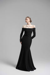 Celestia Draped Crystal Midi Dress in Black