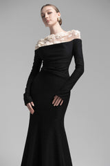 Celestia Draped Crystal Midi Dress in Black