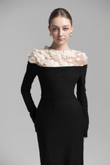 Celestia Draped Crystal Midi Dress in Black