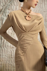 Light Oak Wrinkled Pencil Dress