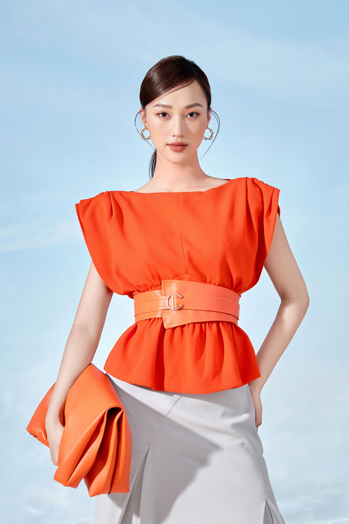 Orange Boat-neck Blouser