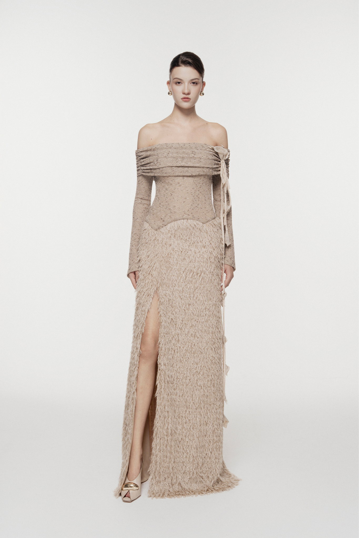 Feathered Off-Shoulder Midi Dress