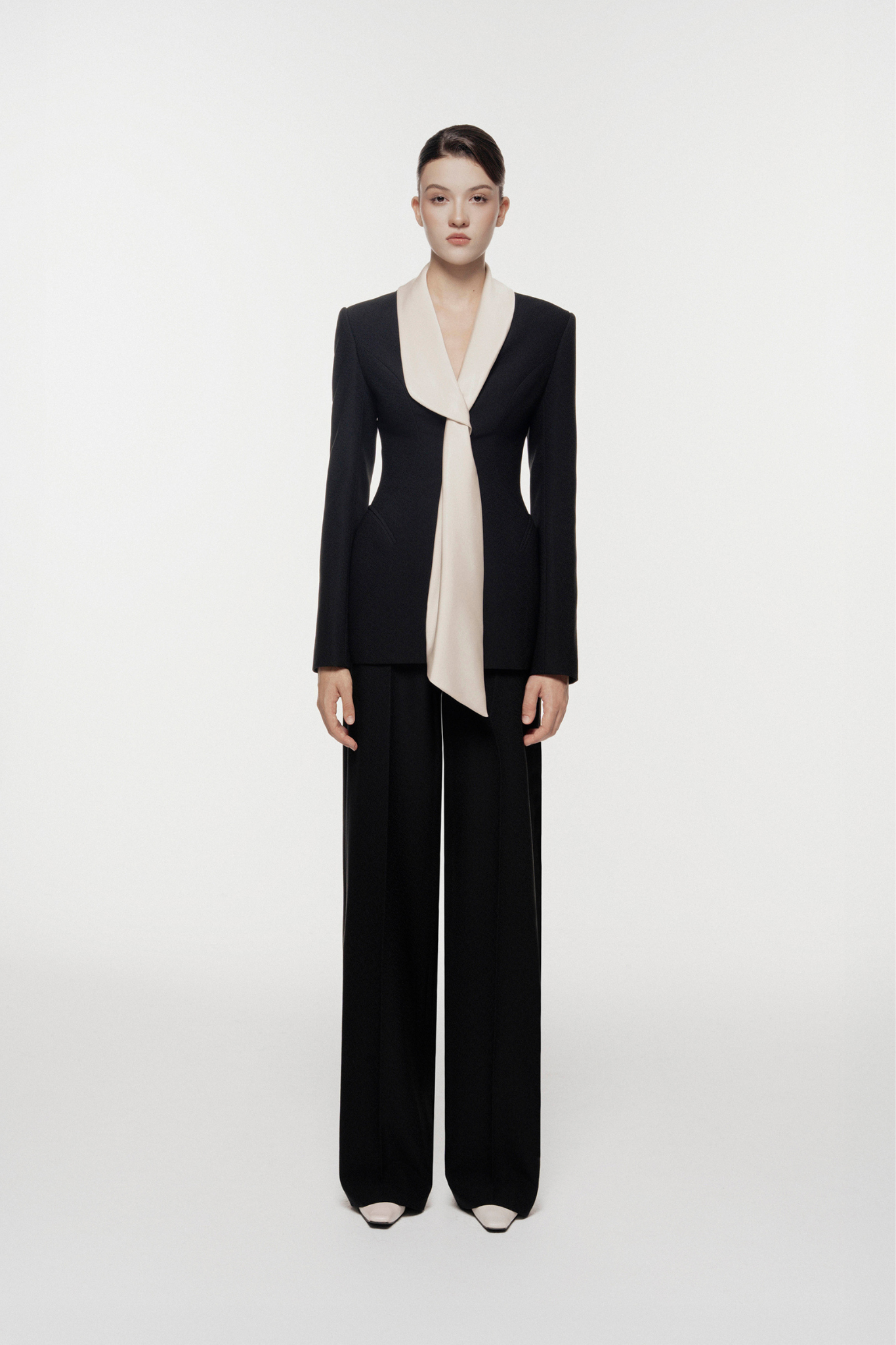 Silk-Scarf Lapel Tailored Set Design