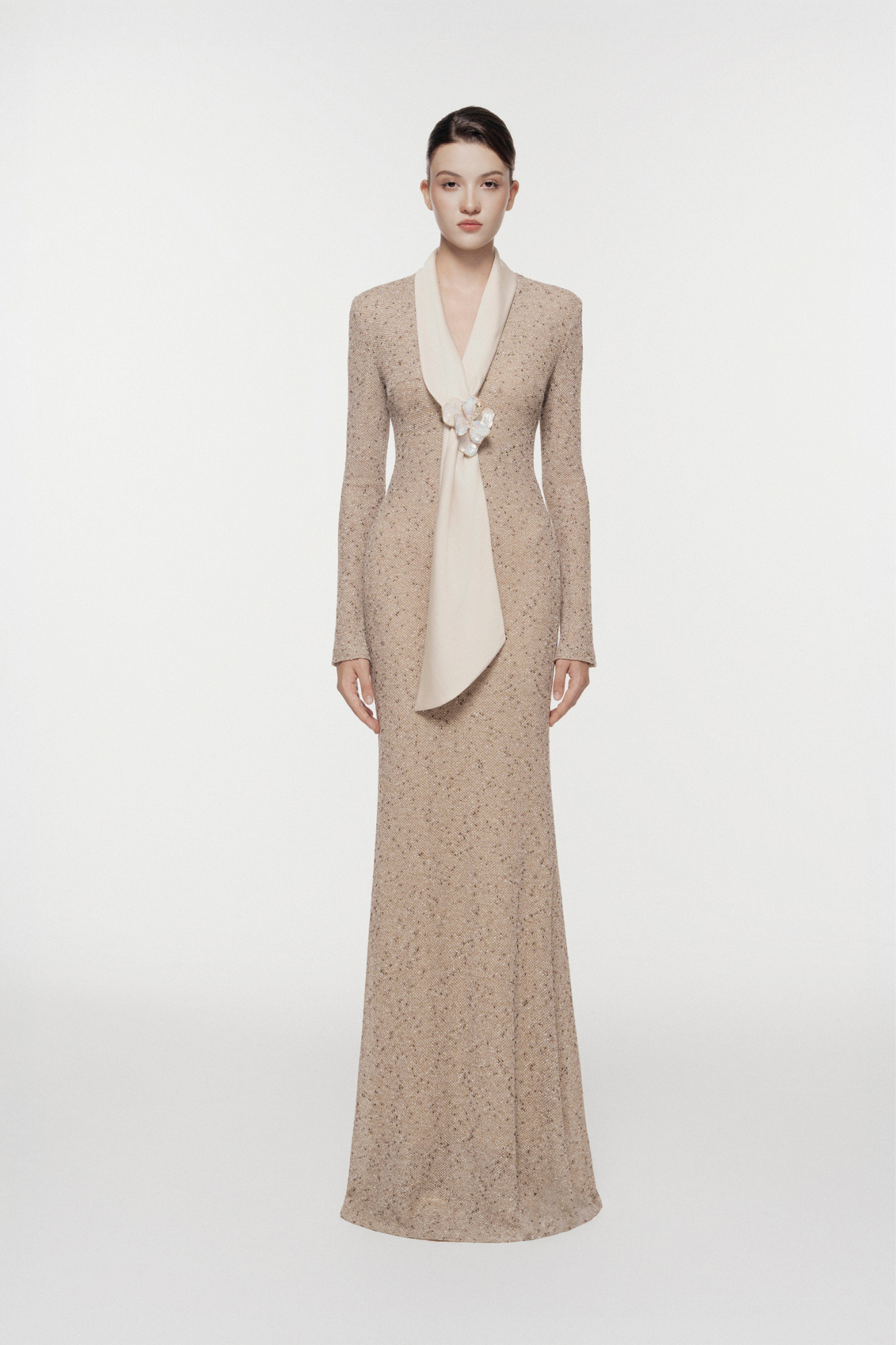 Silk Scarf-Lapel Column Gown