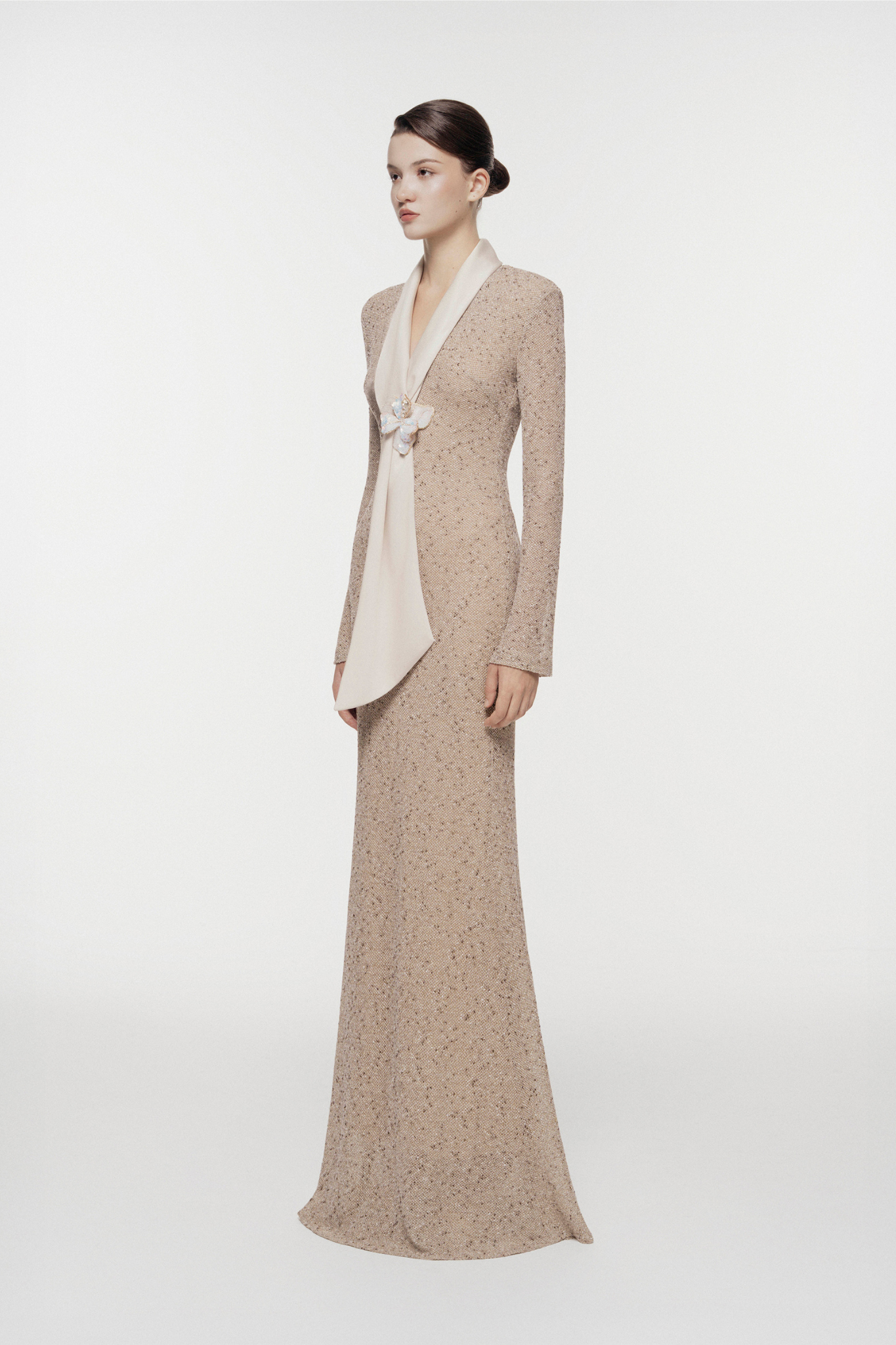 Silk Scarf-Lapel Column Gown