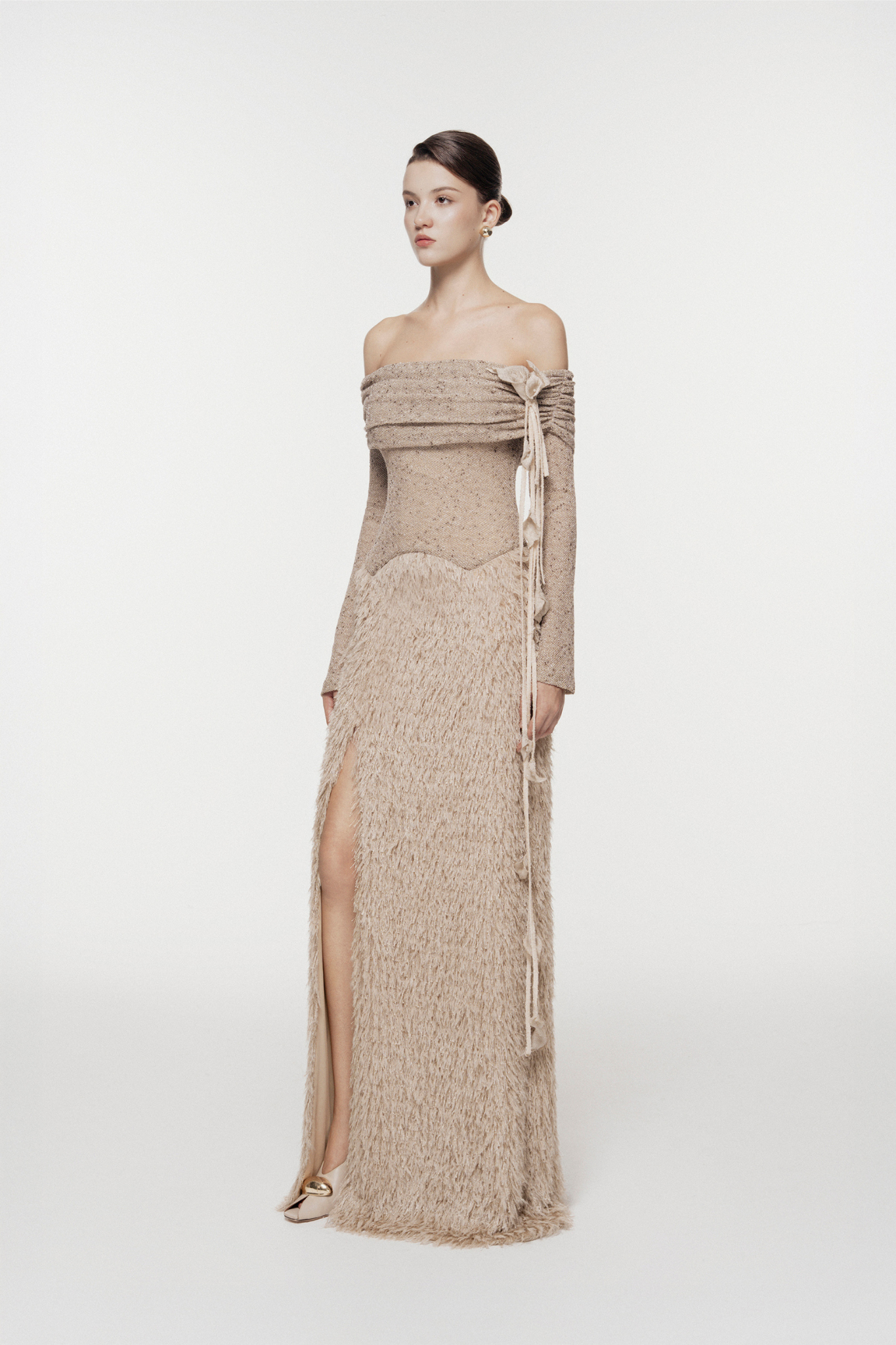 Feathered Off-Shoulder Midi Dress