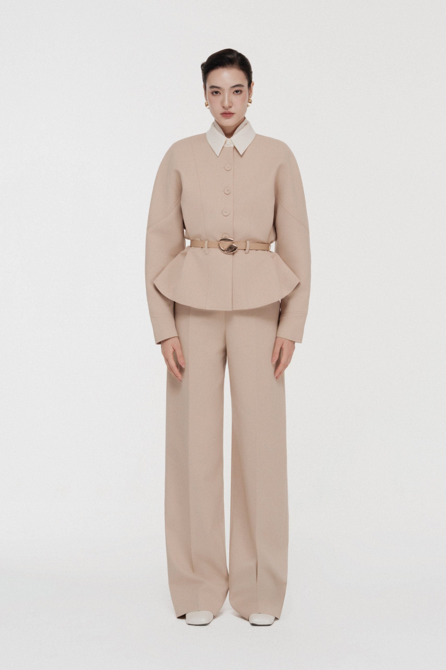 Quilted Structure Set with Wide-leg Trousers in Hazelnut image 0