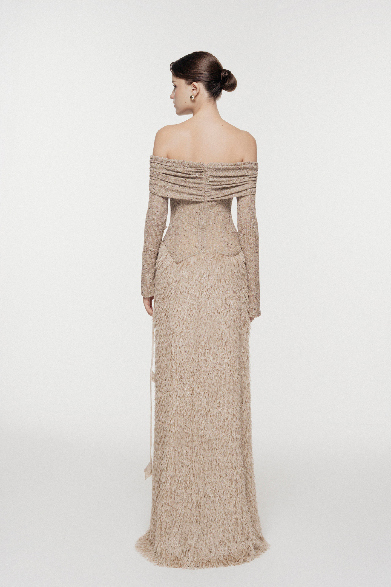 Feathered Off-Shoulder Midi Dress