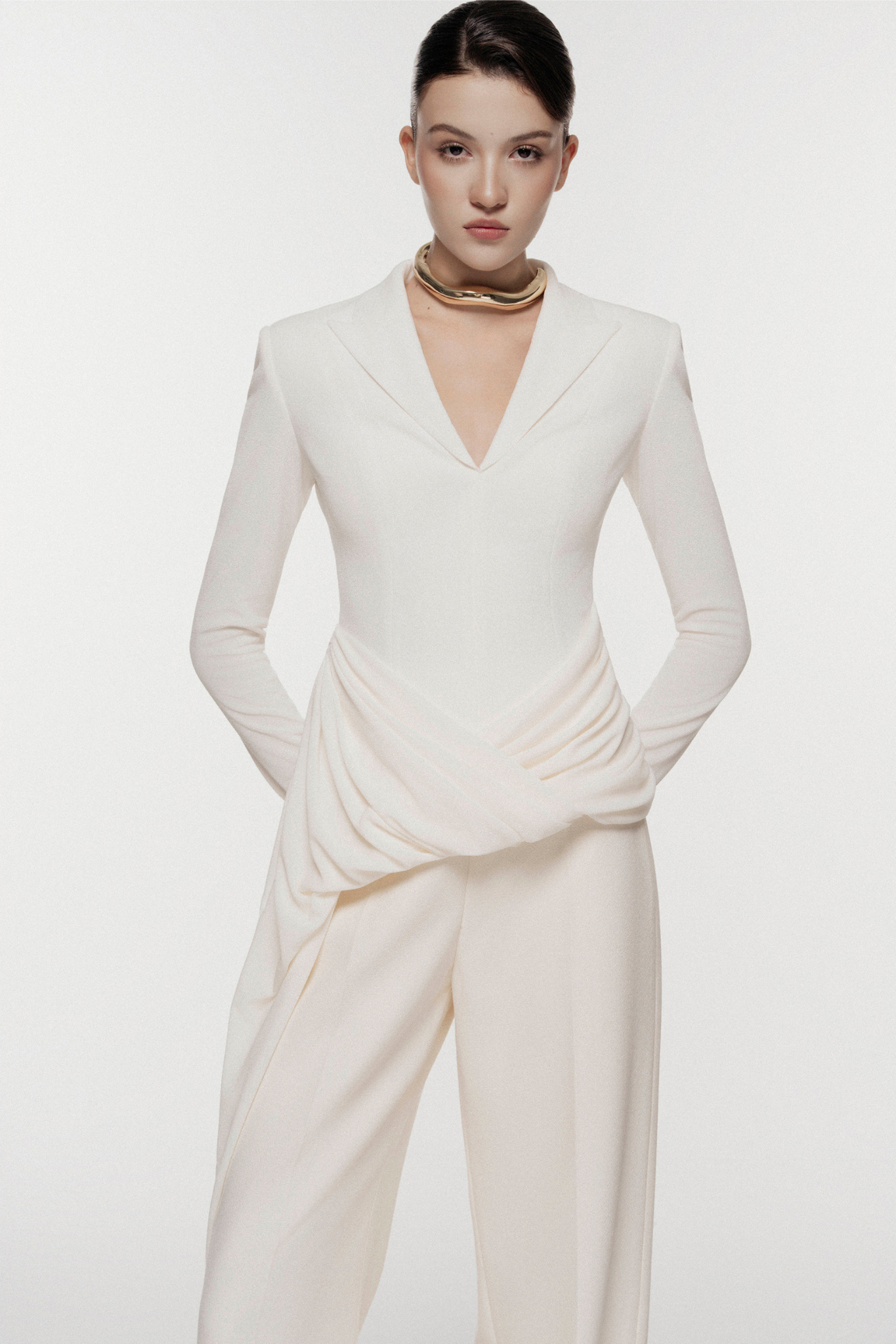 Asymmetric Draped V-Neck Set Design