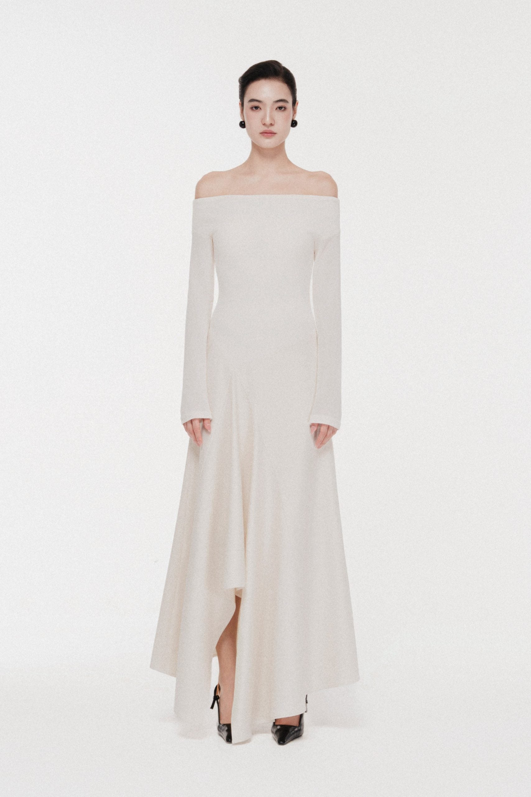 Asymmetric Off-Shoulder A-Line Midi in Cream image 0