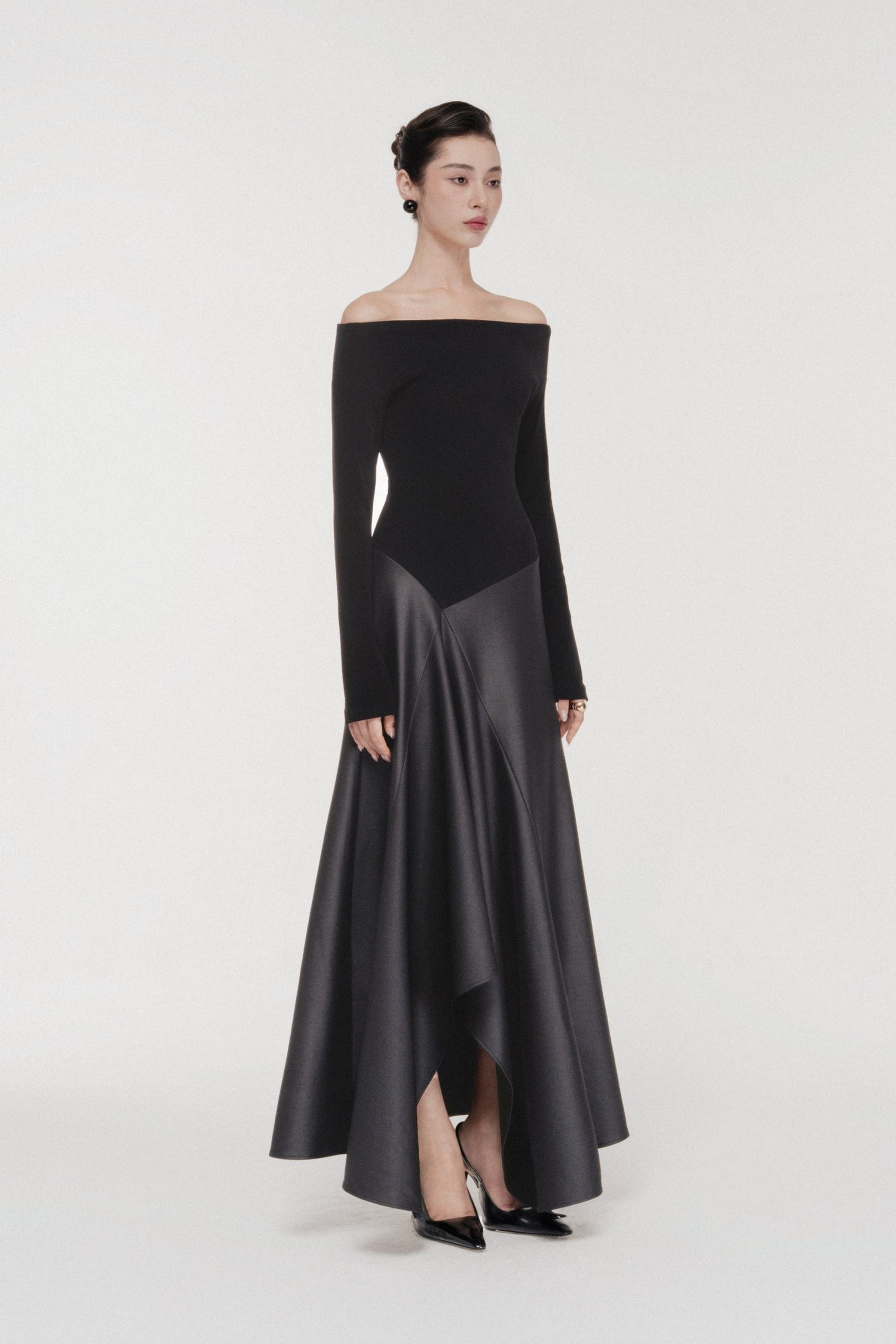 Asymmetric Off-Shoulder A-Line Midi in Black image 1