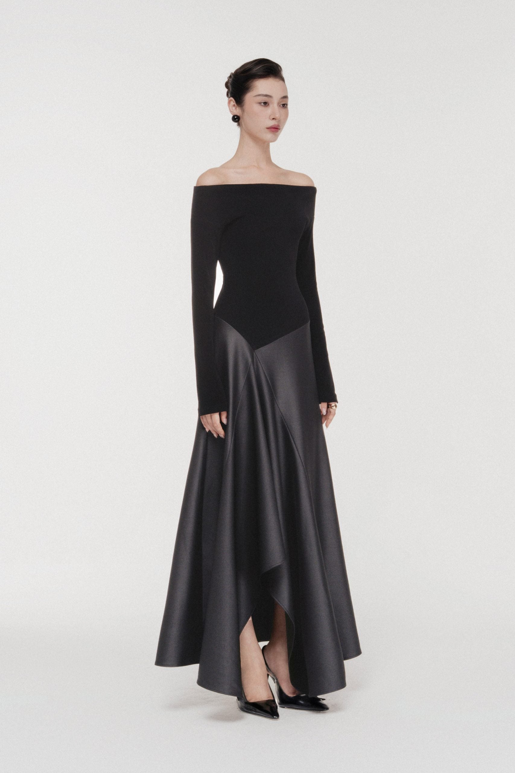 Asymmetric Off-Shoulder A-Line Midi in Black image 1