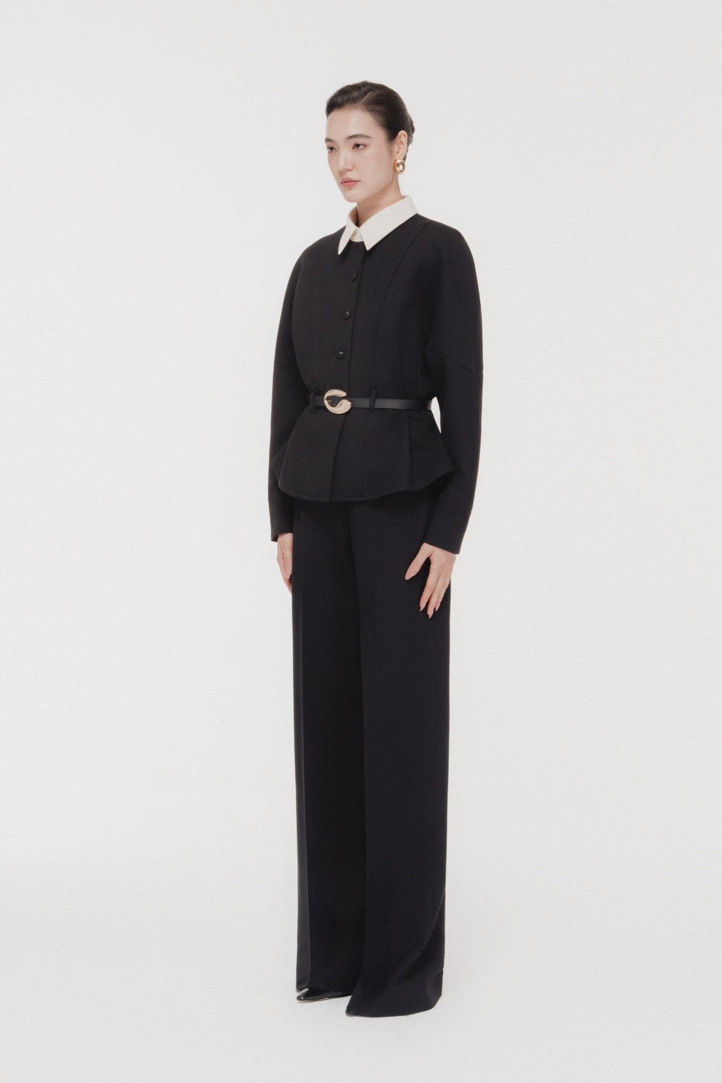 Quilted Structure Set with Wide-leg Trousers in Black image 1