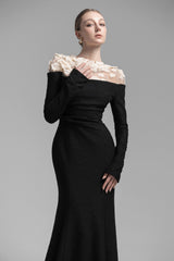 Celestia Draped Crystal Midi Dress in Black