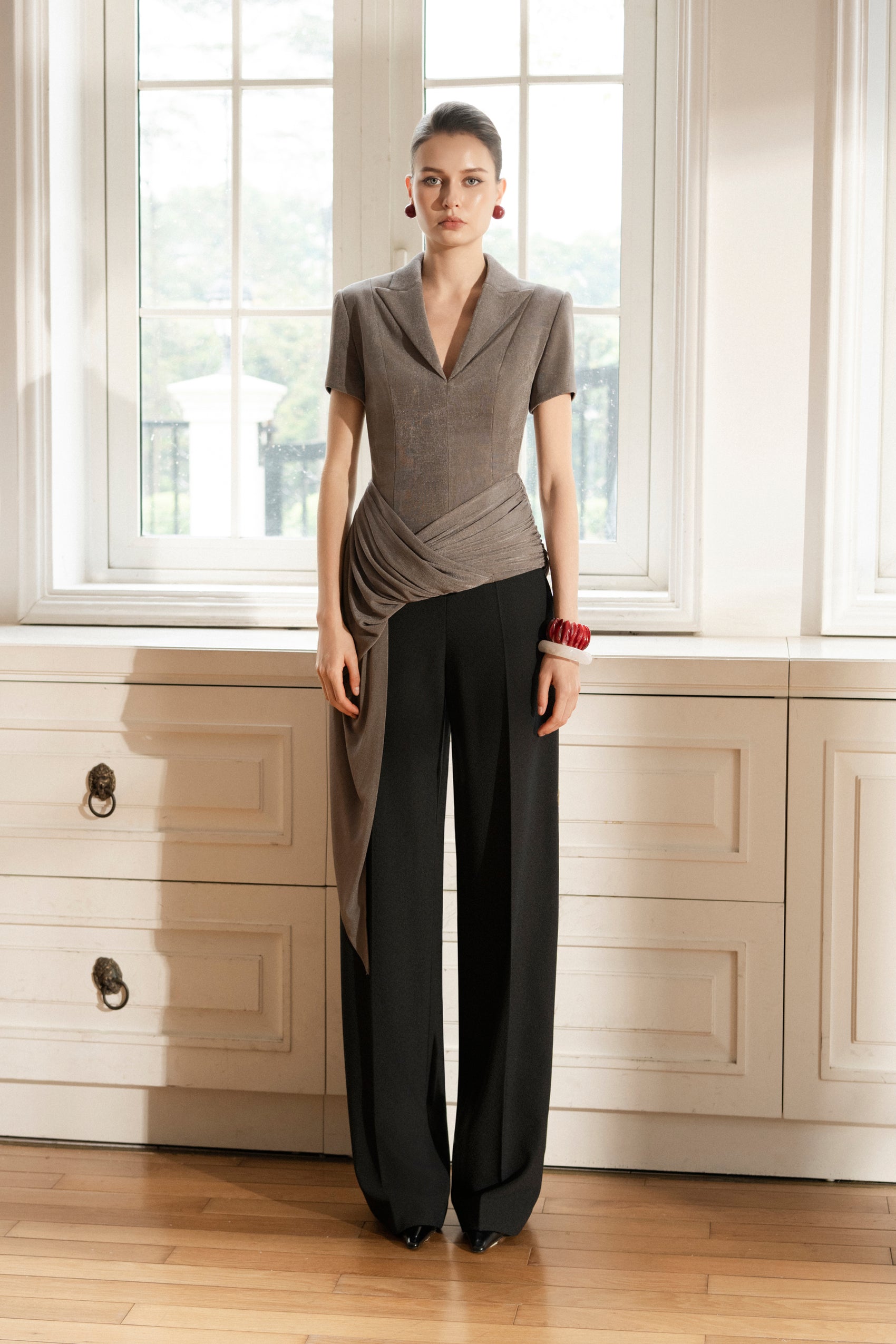 Asymmetric Draped V-Neck Set in Ash