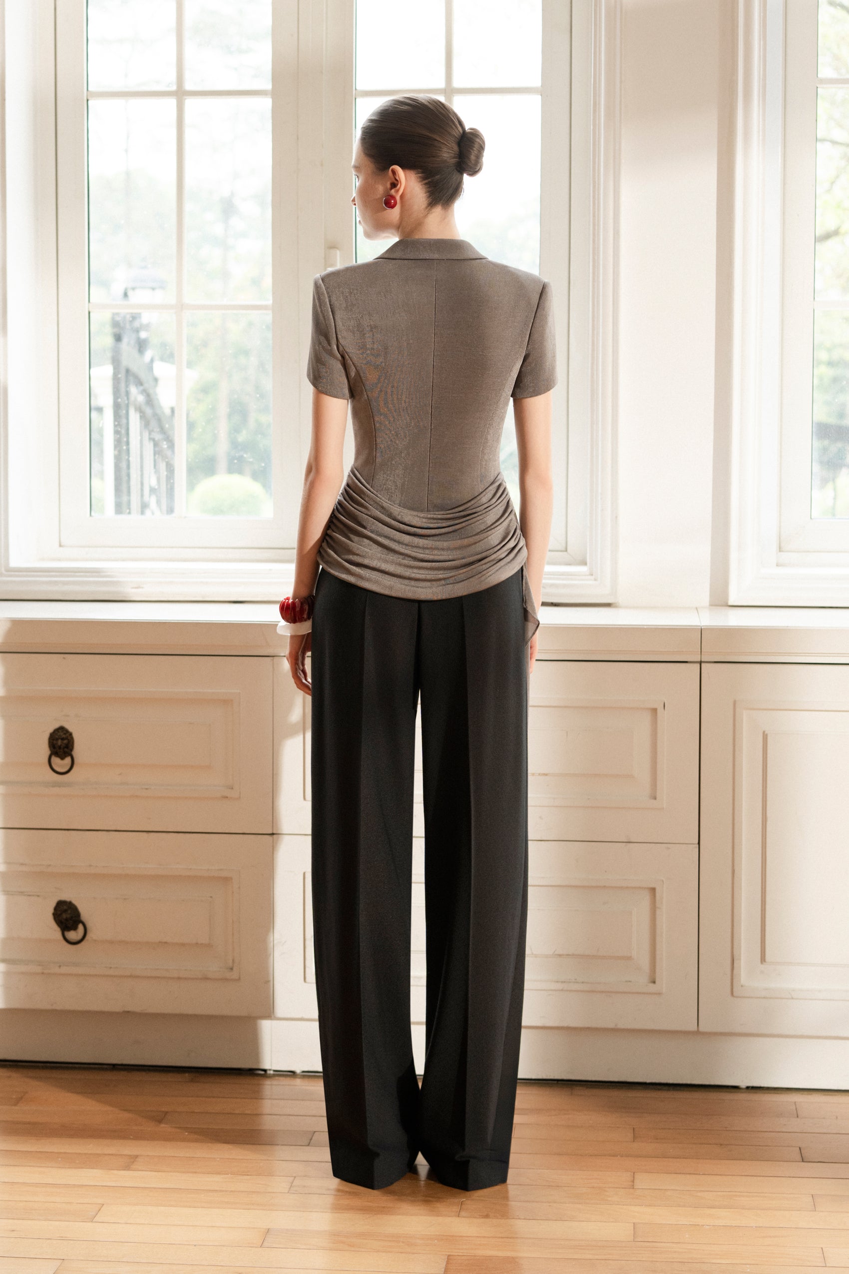 Asymmetric Draped V-Neck Set in Ash