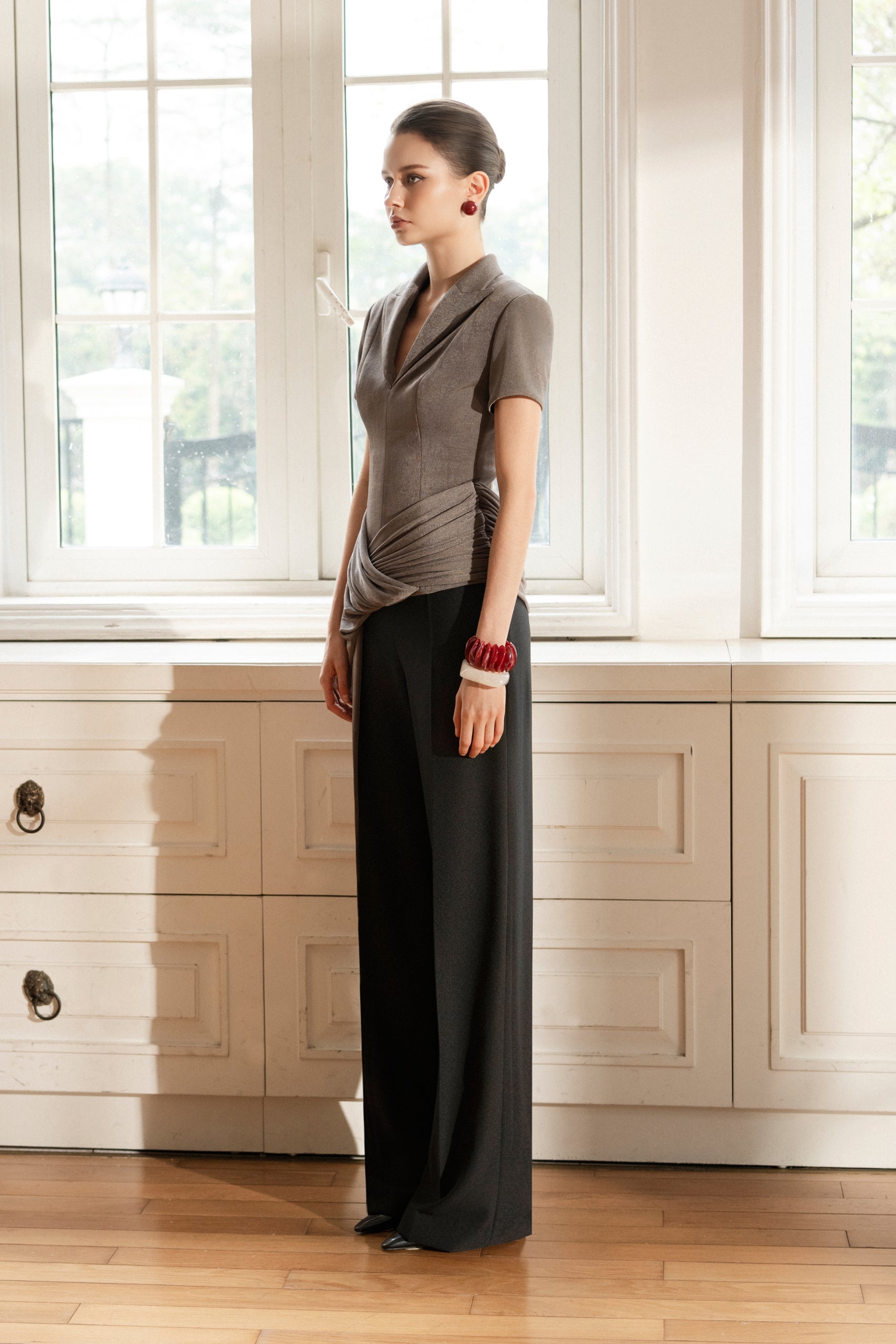 Asymmetric Draped V-Neck Set in Ash