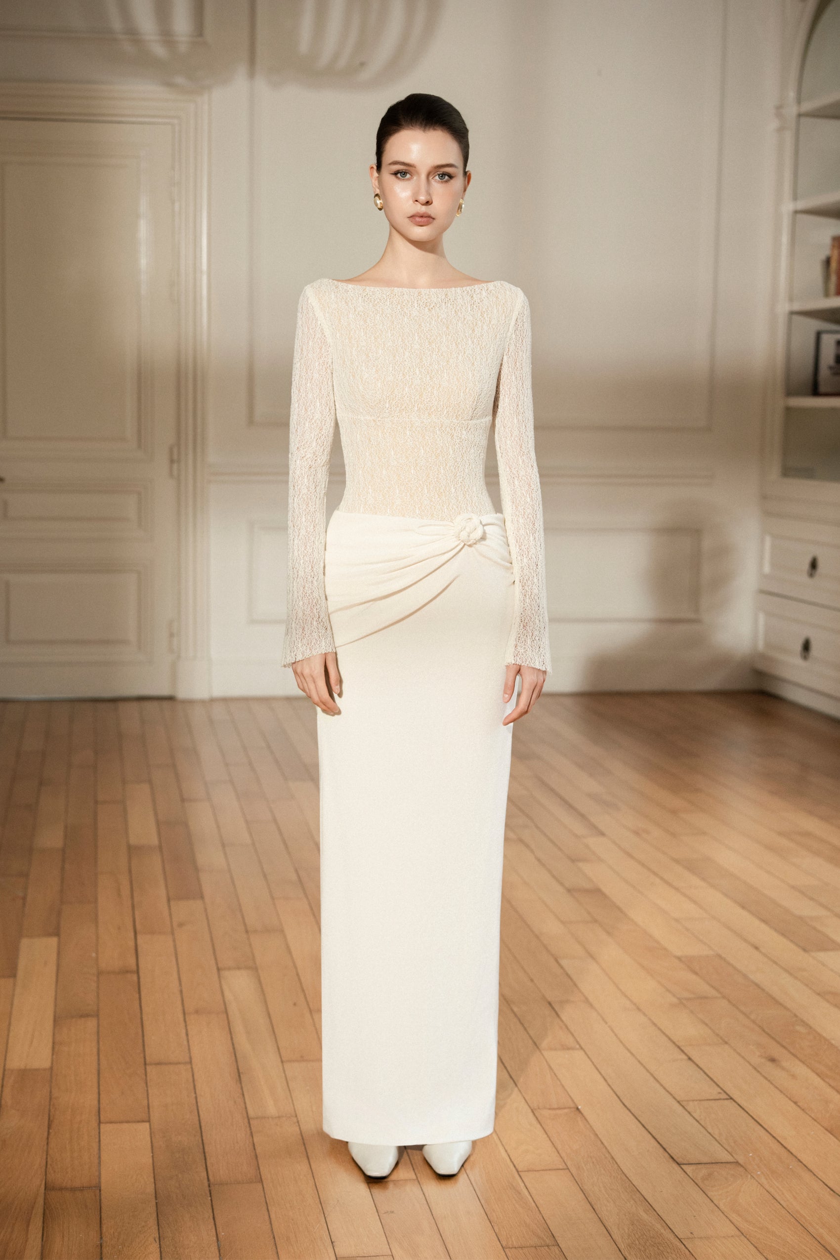 Draped Lace Pencil Dress