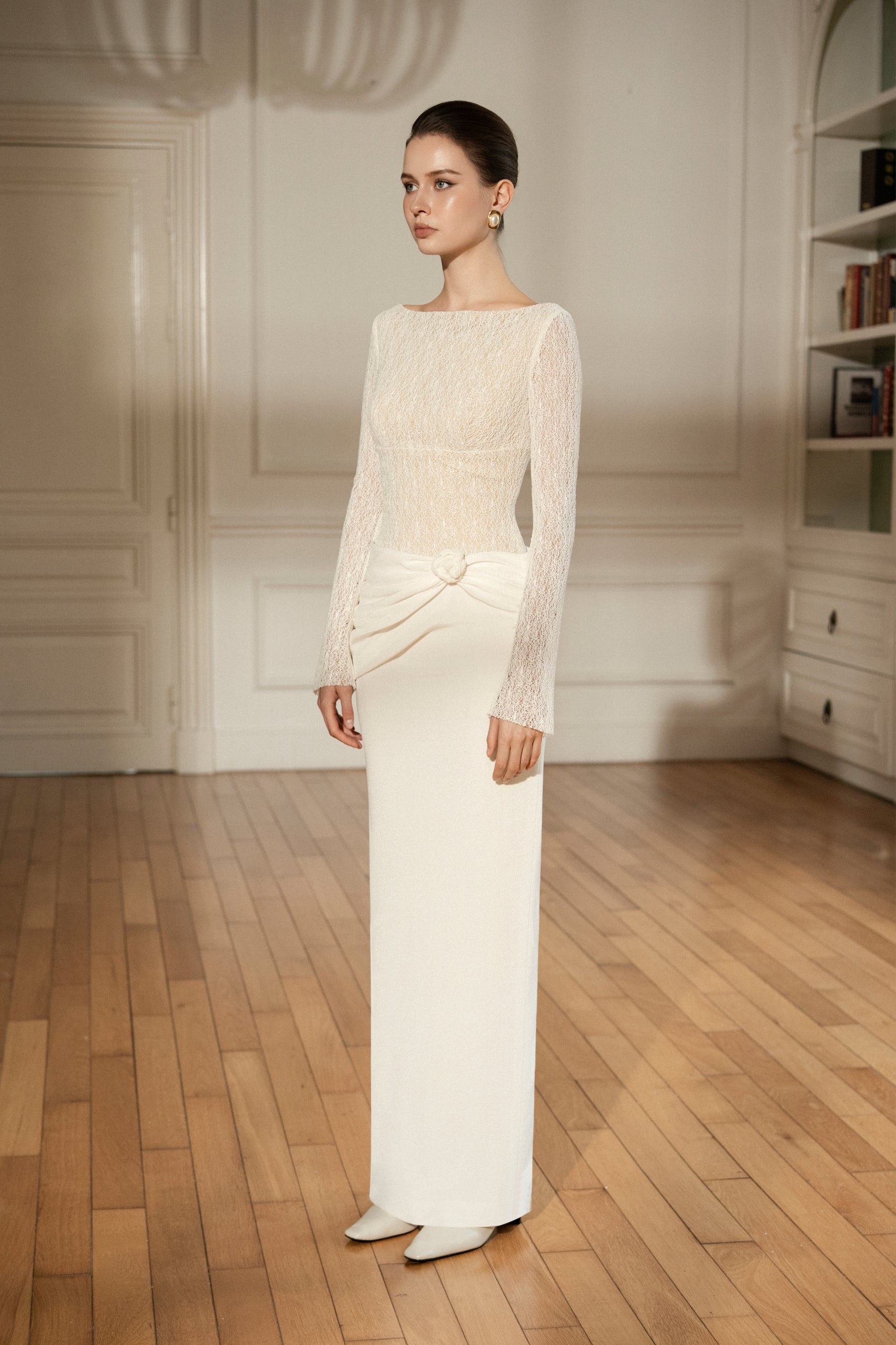 Draped Lace Pencil Dress