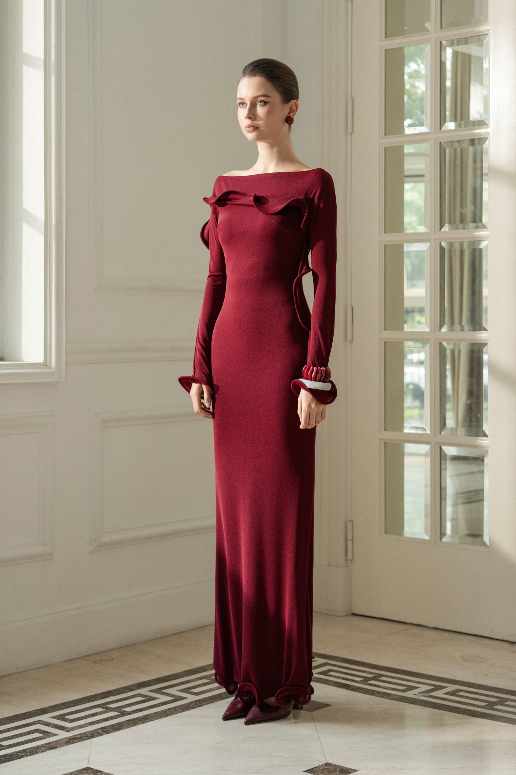 Cascade Ruffle Midi Dress in Red