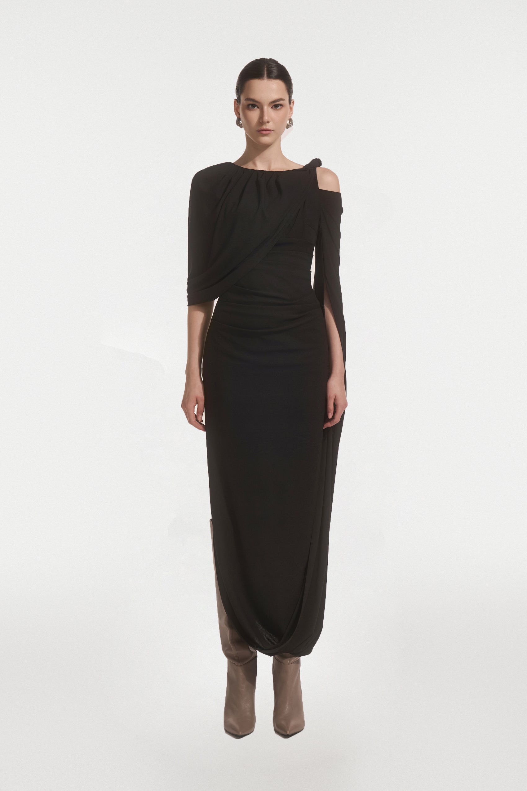 Orion Draped Shoulder Dress in Black