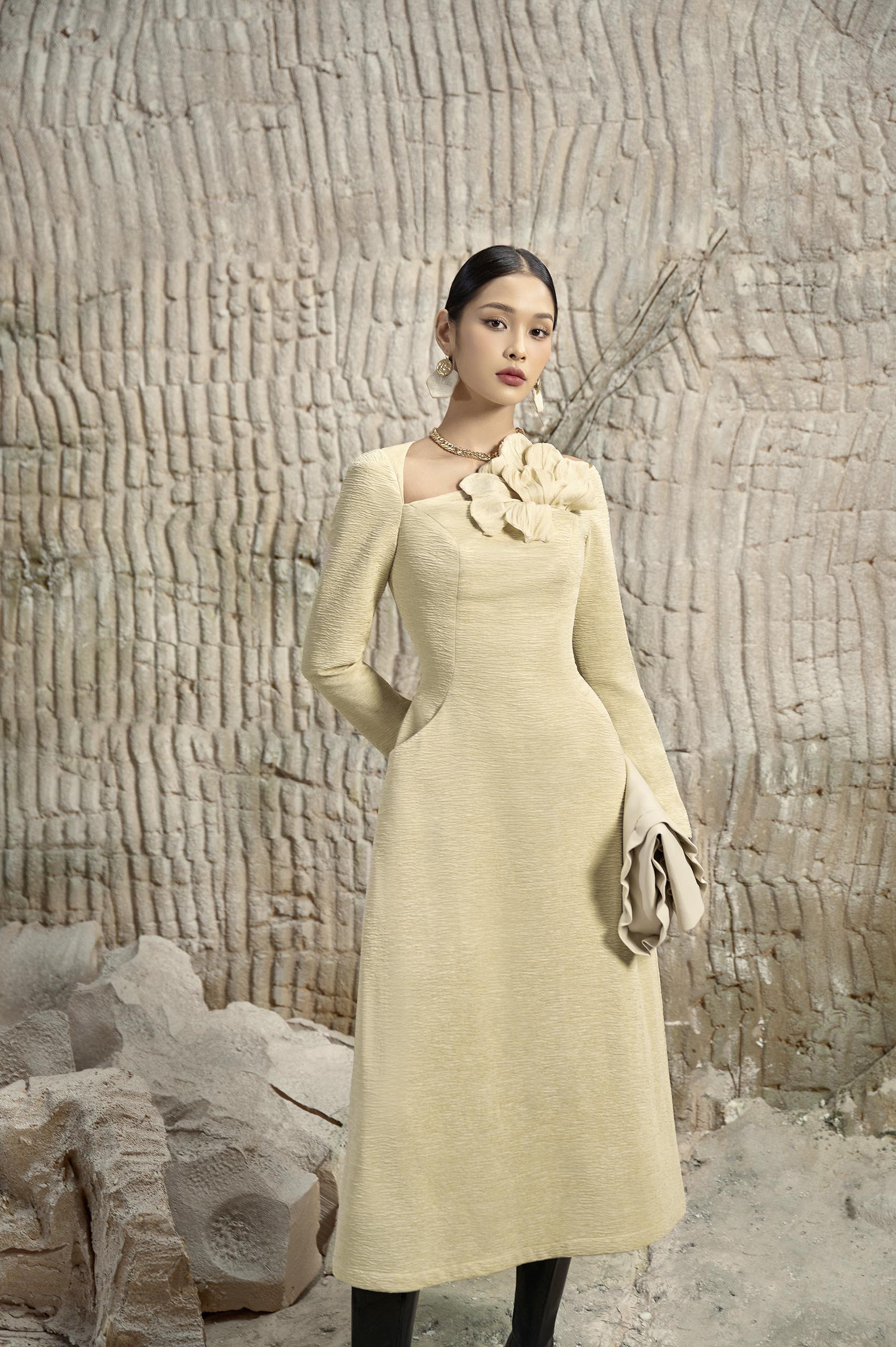 Floral 3D Diagonal Neck Dress