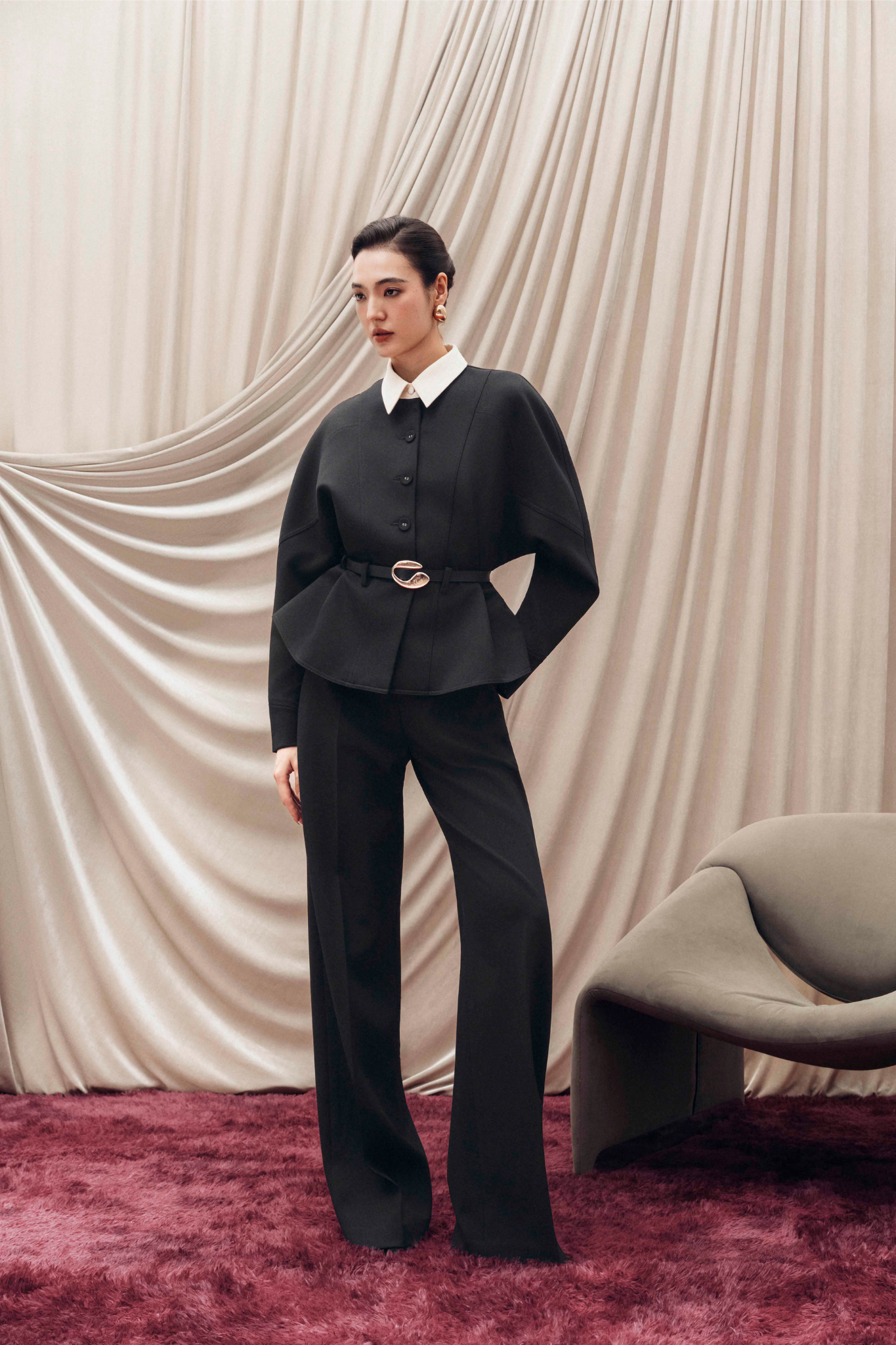 Quilted Structure Set with Wide-leg Trousers