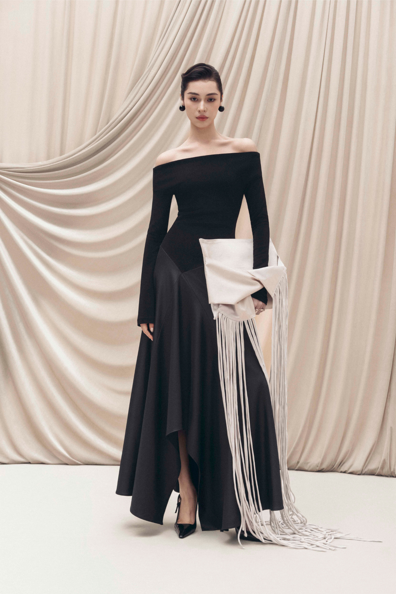 Asymmetric Off-Shoulder A-Line Midi