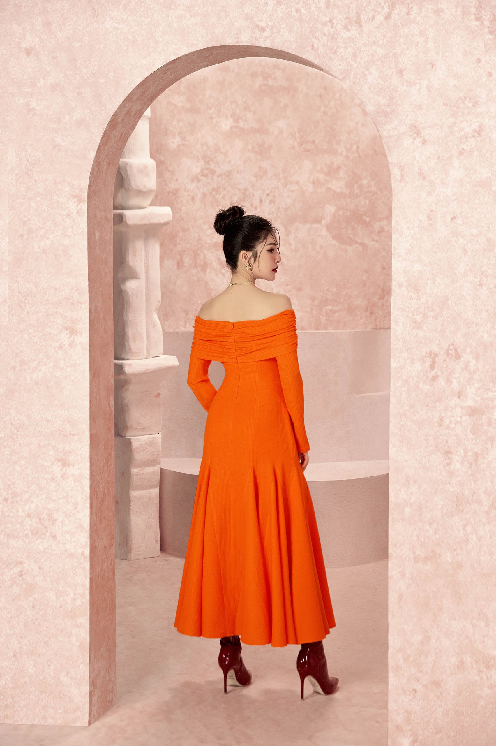 Blooming Orange Off-shoulder Dress