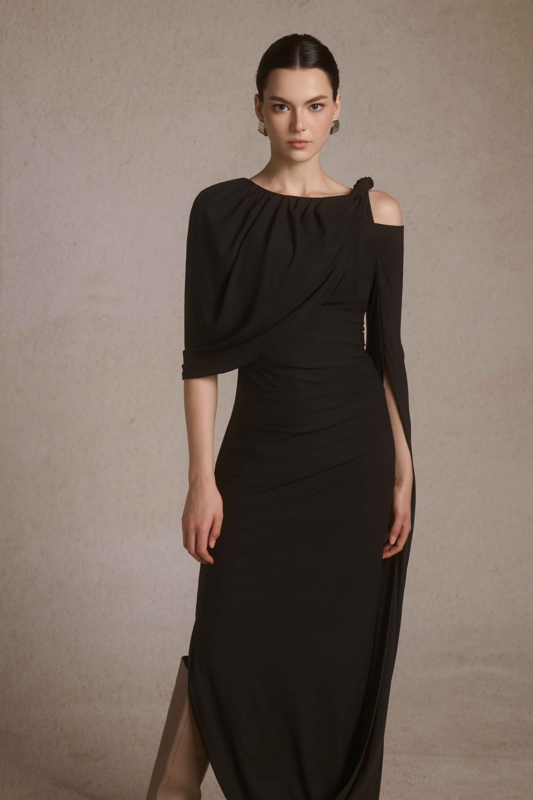 Orion Draped Shoulder Dress in Black image 2