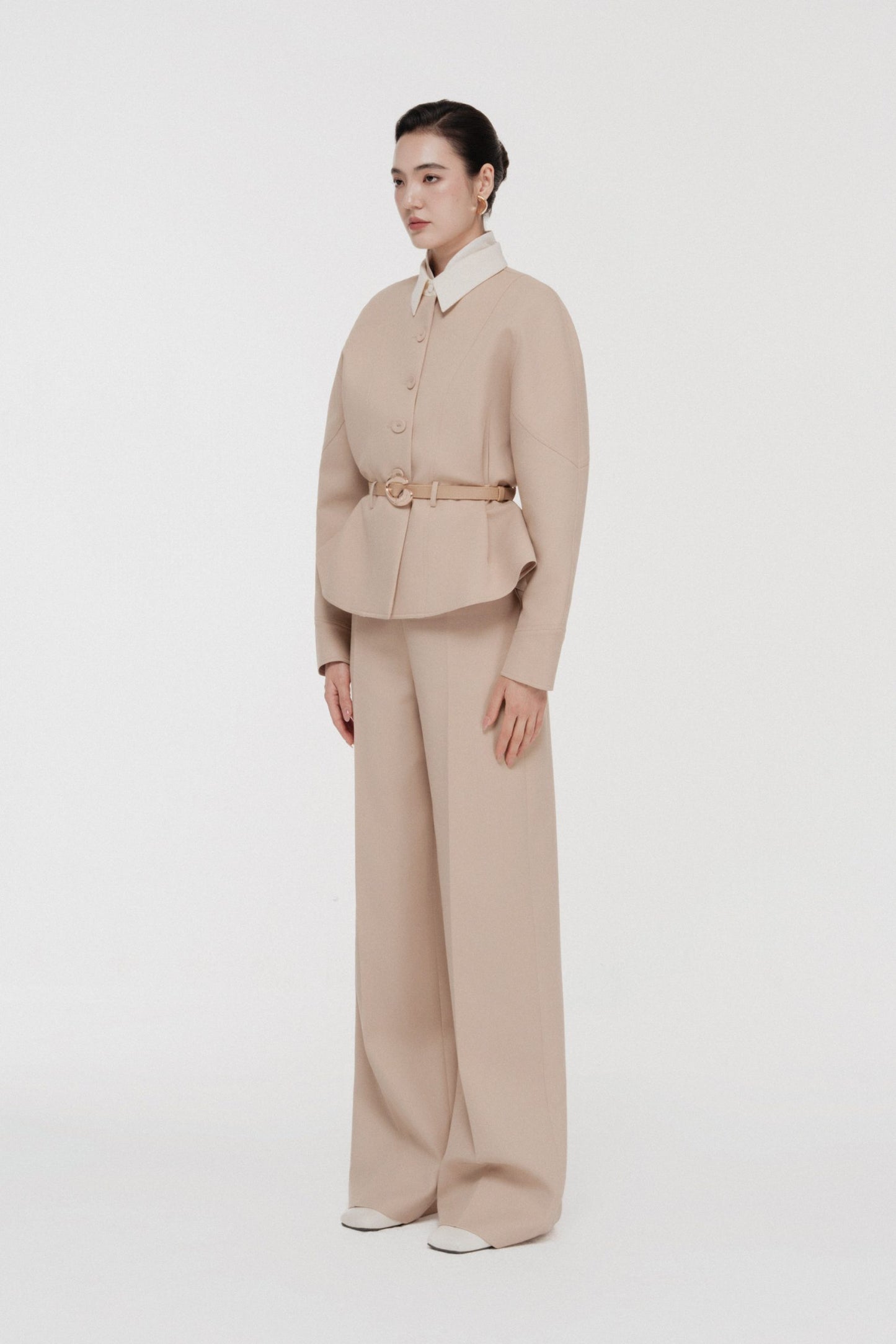 Quilted Structure Set with Wide-leg Trousers in Hazelnut image 1