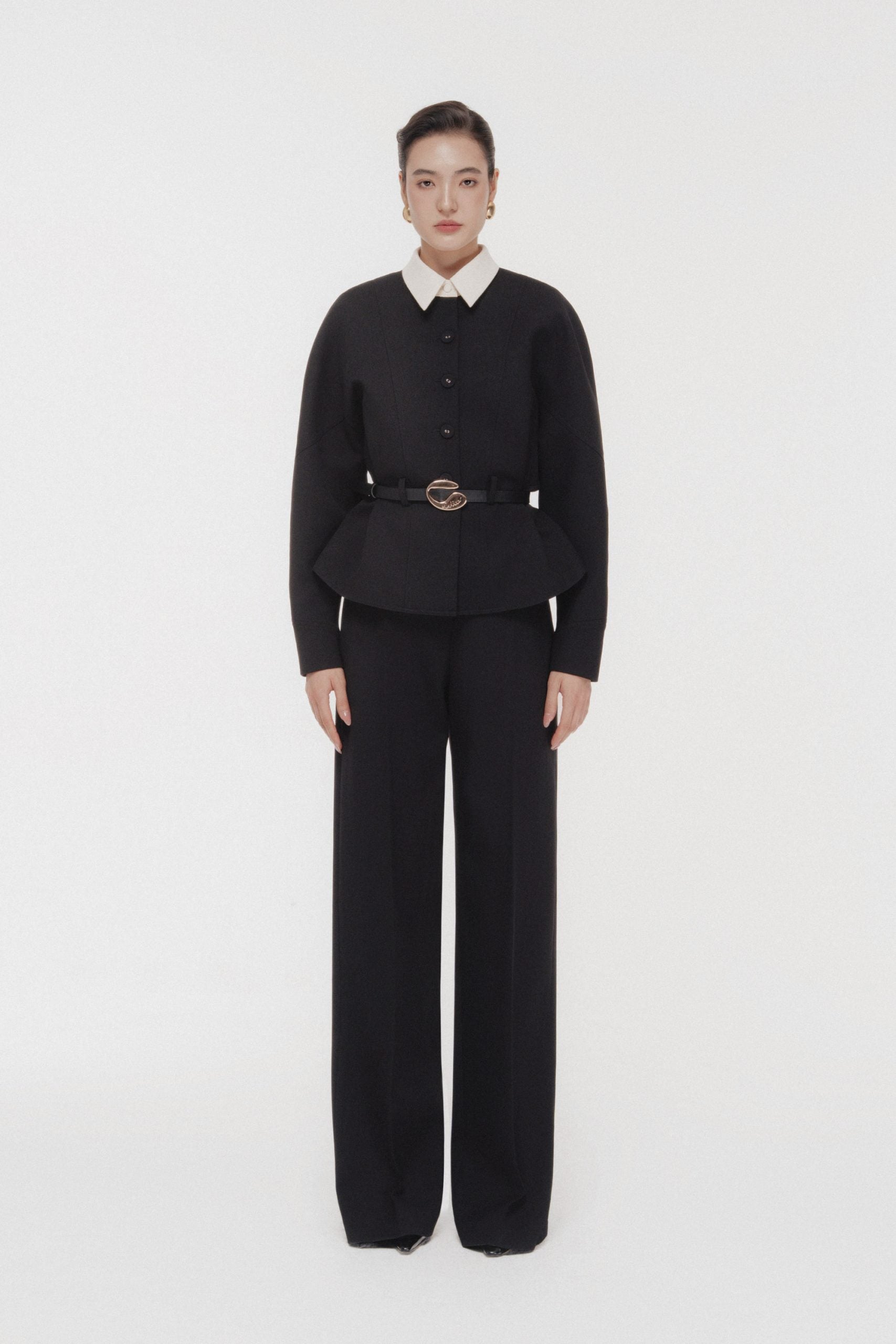 Quilted Structure Set with Wide-leg Trousers in Black image 0