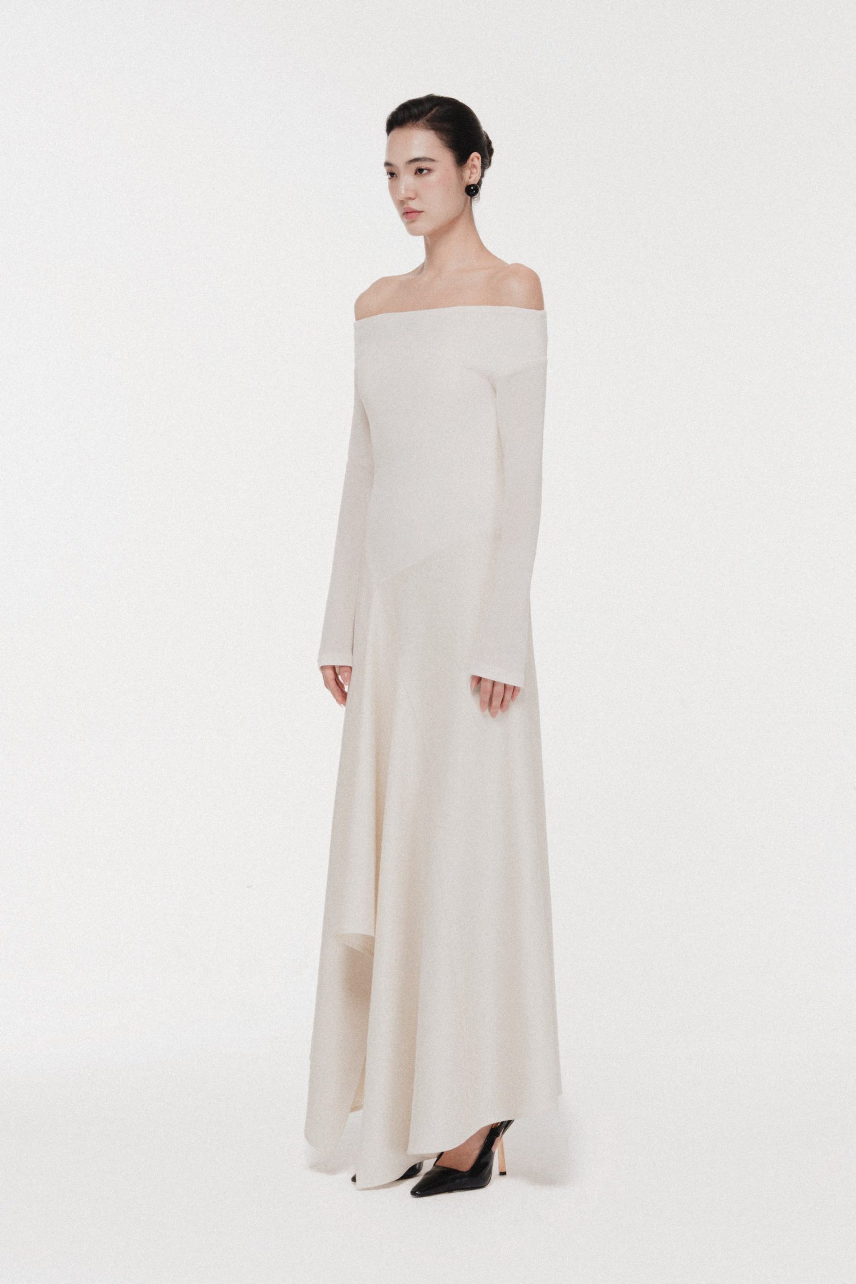 Asymmetric Off-Shoulder A-Line Midi in Cream image 1