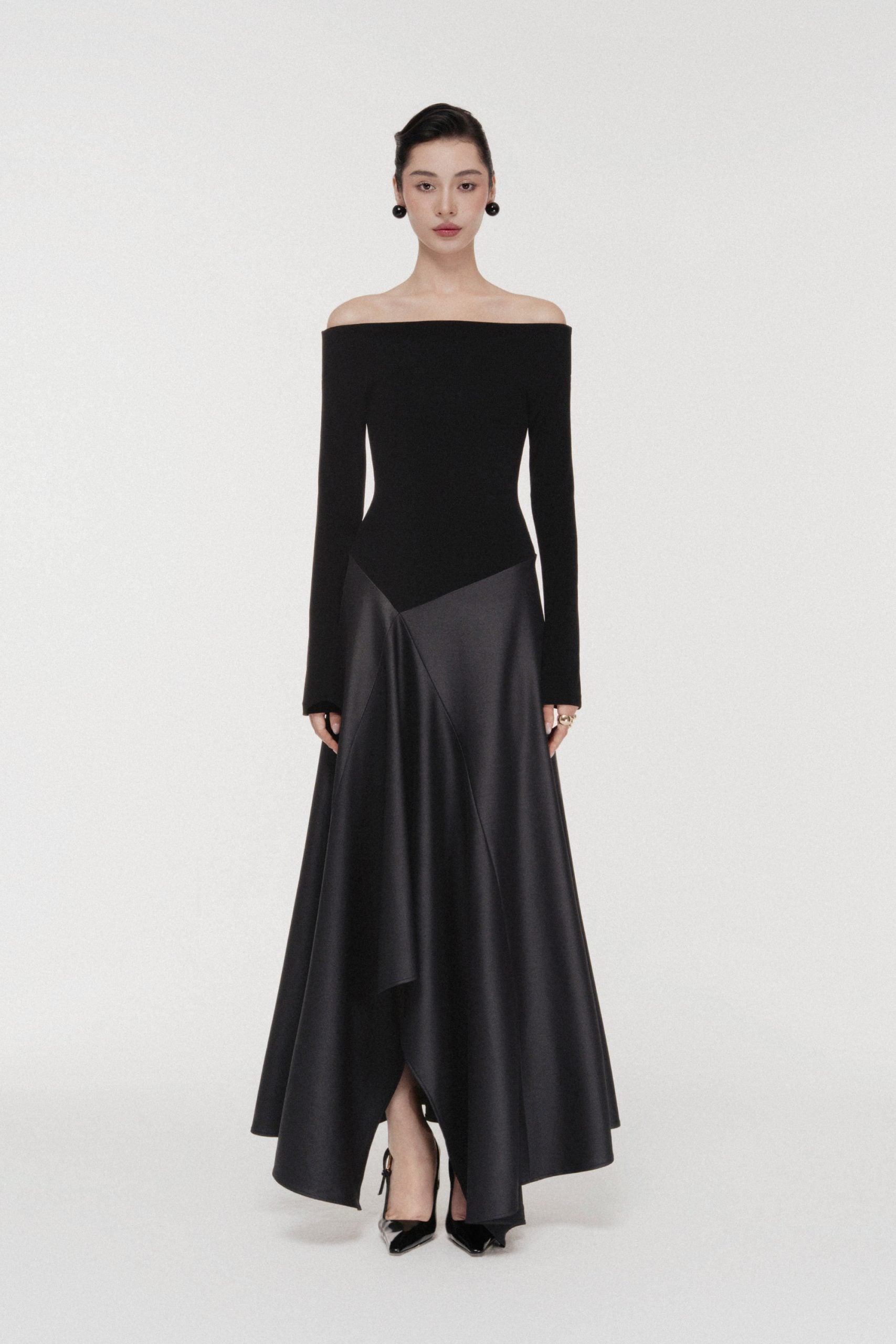 Asymmetric Off-Shoulder A-Line Midi in Black image 0